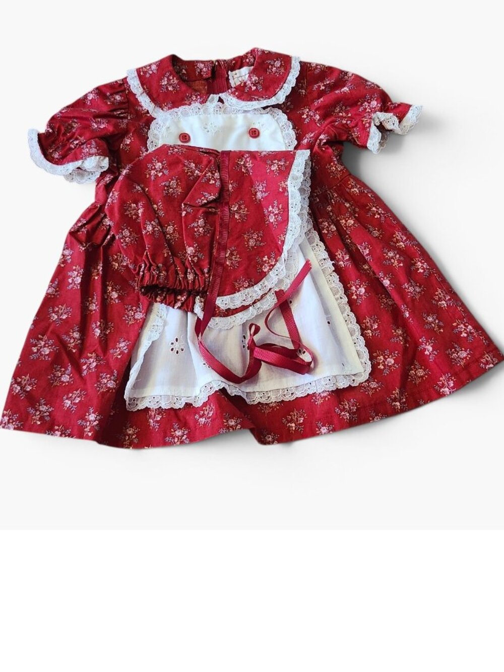 Vintage VMI Original 80s-90s 12-18 months Baby Girl Red Dress Bonnet Cottagecore
